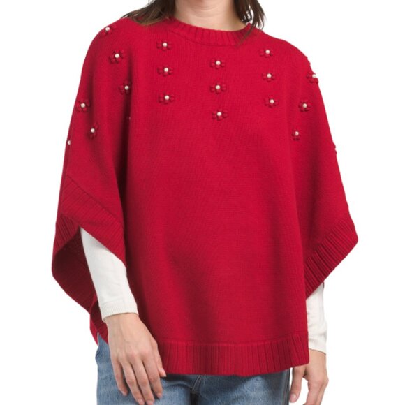 NEW HANNAH ROSE Merino Wool Faux Pearl Bobble Poncho ruby for women 764tn - Picture 1 of 4